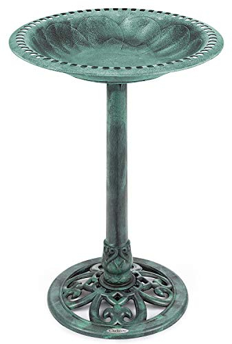 CHRISTOW Plastic Resin Bird Bath for Garden, Round Pedestal Birdbath, Traditional Victorian Style, Rustic Metal Effect, Standing Outdoor Water Bowl, 60cm x 43cm x 43cm (Green)