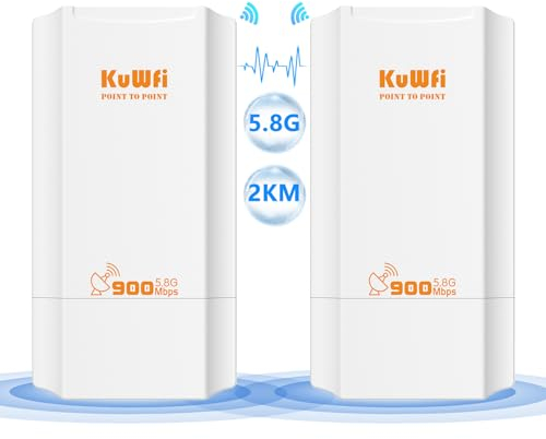 KuWFi Point to Point WLAN Bridge Outdoor, 5GHz, 867Mbps, PtP&PtMP, 2km Reichweite, PoE-betrieben, IP65 wetterfest, Sofort Einsatzbereit WiFi Extender für IP-Kameras, Starlink-Netzwerkerweiterung