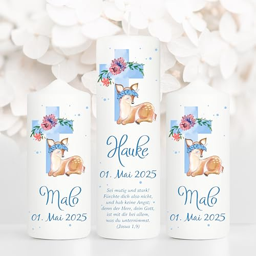 Wandtattoo Loft Taufkerze Junge oder Mädchen mit Taufspruch + 2 Patenkerzen, Motiv mit Jesuskreuz und Rehkitz, 25cm x 7cm, personalisierte Kerze, bedruckte Kerze zur Taufe, Stumpenkerze, Taufgeschenk