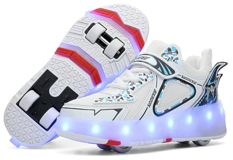 Mateju Schuhe mit Rollen für Jungen Mädchen, Kinder Rollschuhe Schuhe mit 4 Rollen, Turnschuhe Versenkbarer, Damen Herren Roller Schuhe Turnschuhe Skateboardschuhe 43 EU Weiß