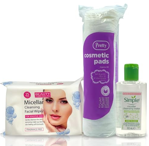Micellar Cleansing Water 100ml with Cotton Pads & Facial Wipes – Travel Size Makeup Remover Set