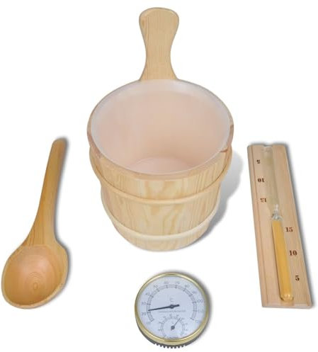 Iiaky Accessori Spa Secchio Cucchiaio Clessidra Termoigrometro 5 pz,Secchiello da Sauna in Legno - Secchio in Legno con Inserto in Plastica Mestolo e Clessidra Tempo - Set Accessori per Saune Finlande