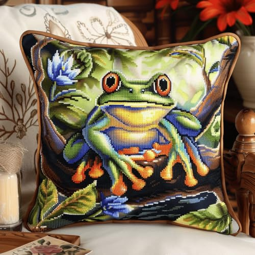 DIY knüpfen set anfänger Cartoon-Frosch knüpfkissen mit vordruck Süße Tiere Kissenbezug zum Selbermachen für Anfänger und Erwachsene，Geschenke für Familie，Freunde，Handarbeiten，Basteln， 43x43cm
