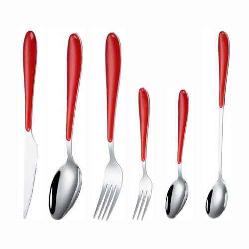 Plastic Clamp Handle Kitchen Stainless Steel Silverware Tableware Flatware Cutlery Set Steak Knife Fork Spoon Teaspoon (Red,6 Pieces)