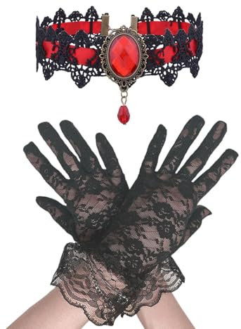 GWAWG Spitze Choker Gothic Anhänger, Halloween Kette Damen, Vampir Kette, mit Spitzenhandschuhen (Rot)