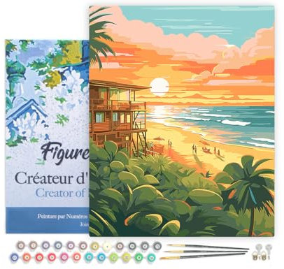 Figured'Art Peinture par Numéro Adulte avec Cadre Club de plage au coucher du soleil - Activité Manuelle Kit de Loisir Créatif DIY Numéro d'Art Complet - 40x50cm toile tendue sur châssis