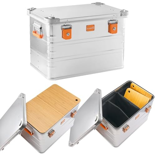 Alubox® Campingbox 78 Liter Aluminium Kitchenbox Campingküche Küchenbox 62 x 41,5 x 41 cm für PKW/Auto Kofferraum inkl. Einsatz mit 3 Trennfächern + 2 Bambus-Schneidebretter