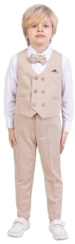 Traje de chaleco para niños | Conjunto de 4 piezas de tela de licra flexible y cómodo conjunto de camisa, pantalones, chaleco y pajarita | con elastano para fiesta y ropa formal para niños de 1 a 13