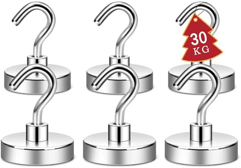 ATEWEITA Ganci Magnetic, Gancio Magnetico Extra Forti Neodimio Calamita con Gancio, Magnetic Hooks per frigorifero da cucina, soffitto, griglia, Piccoli (Argento, 32mm)