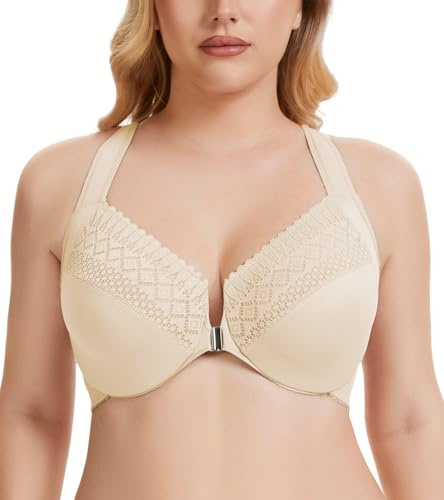 Oscrenia Racerback Front Closure Bra Plus Size for Women Unlined Underwire Wide Strap(Beige,40E)