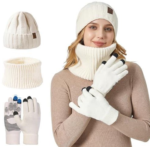 AYPOW Gorro Invierno Bufanda Cuello Bufanda Unisexo Set 3 en 1, Beanie de Punto con Forro Polar Antideslizante Guantes de Pantalla Táctil Calentador de Cuello Tejida Conjunto para Mujeres y Hombres