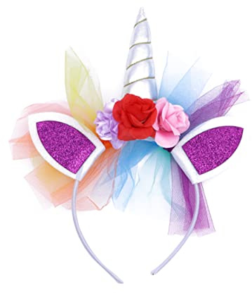Einhorn Haarreif für Kinder mit Rose, Stoff, Silberner Kopfschmuck | Einhorn Stirnband für Kinder, Leicht und Zart, für Cosplay und Geburtstagsparty