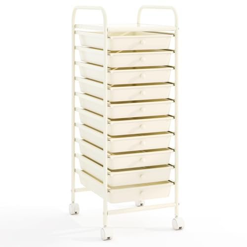 COSTWAY Rollwagen mit Schubladen Rollcontainer Badrollwagen Badtrolley Badregal Beistellwagen mit 10 stapelbaren Schubladen Metallgestell (Weiß)