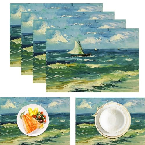 8 Tischset Mit Meereswellen Segelboot 45X30Cm Retro Tischsets Mit Vintage Ölgemälde Für Esstisch Rustikale Zuhause Tischsets Waschbar Für Frühling Sommer Urlaub Party Küche Bauernhaus