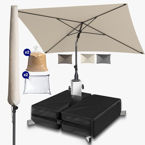Menz Sonnenschirm rechteckig 200 x 125 cm + Sonnenschirmständer + Schirmhülle - Sonnenschutz Balkon 3er-Set in Beige, Sonnenschirm Balkon mit Ständer, Balkonschirm knickbar höhenverstellbar