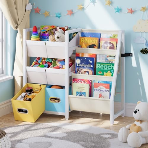 HAVLOTII Kids Bookcase, 3-Tier Sling Book Shelf with 6 Toy Storage Bins for Kids Room, Montessori Book Display Rack for Children‘s Room, Multi-functional Children Bookcase for Kids Bedroom Playroom