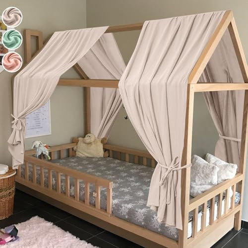 Bed Hotut Extra Wide Princess Bed Canopy, 2 Pcs Children Nursery Decorations, 100% Cotton Girls Mosquito Net, Beige Gray, 130 * 320cm