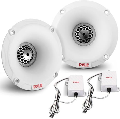 KIT Set pour Pyle PLMRTW25W 1 kit Marin avec 2 tweeters à Pavillons Amovibles et 2 crossovers, 60 Watts rms et 120 Watts Max, 4 ohm, étanche, pour Bateau, mer, Couleur Blanc, 1 kit