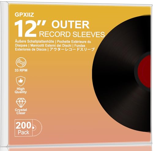 GPXIIZ Vinylfodral Yttre 12 Tum, 200x Kristallklara LP Vinyl Skivfodral | 3 Mil Tjock Högdensitets polypropylen, Plast skyddande Record Sleeves Passar för 12 singel- och dubbel LP-skivor, Syrafri
