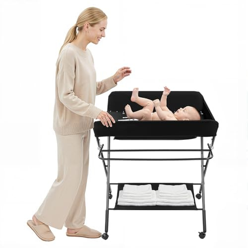 Wickeltisch Klappbar mit Rollen, Baby Wickelkombi Wickelkommode mit Wickelauflage, Sicherheitsgurt & Ablagefächern, Mobile Wickeltisch Höhenverstellbare & Stabil (Schwarz)