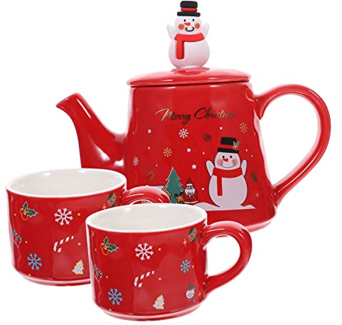 VALICLUD Set Da Tè Natalizio in Ceramica Teiera Rossa e Due Tazze, Design Pupazzo Di Neve, Materiale Ceramico Fine, Adatto Per Casa, Ufficio e Picnic, Confezione Regalo Per Natale