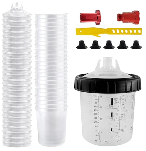 Godet de Peinture pour Pistolet Pulvérisateur, 650ML Gobelet de mélange de Peinture avec 20 gobelets et couvercles, 1 gobelet Dur avec Anneau de retenue, 2 Adaptateur pour Pistolets à Peinture (20PCS)