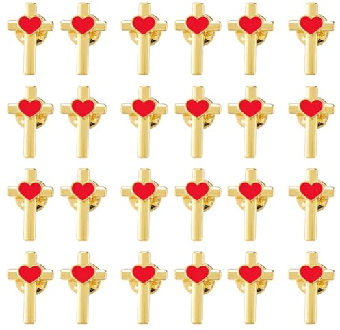 SUPERFINDINGS 24 Stk Goldene/Platin Kreuz Anstecknadeln Mit Herz Design Legierung Emaille Christliche Brosche Bulk Set Für Beerdigung Kirche Gebet Öffentliche Veranstaltungen