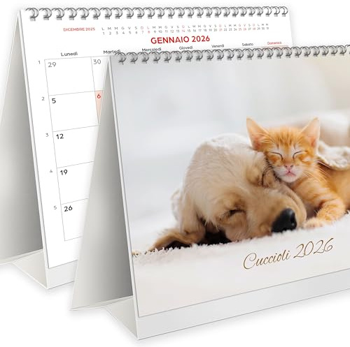 Calendario 2026 da Tavolo FOTOGRAFICO “CUCCIOLI” con Feste Settimane Lune Santi e spazio per note - ECOLOGICO Certificato FSC® Mix Credit - CALENDARIO A CASELLE - 19,5x16 cm