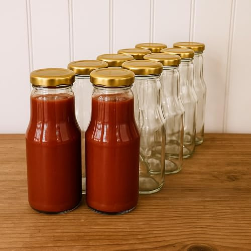 Glasflasche 300 ml mit Schraubdeckel – Saftflasche leer 0,3 l TO43 – Smoothie Flasche Glas – Wiederverwendbare Trinkflasche spülmaschinengeeignet für Saft, Sirup, Öl & Selbstgemachtes (Gold, 10)