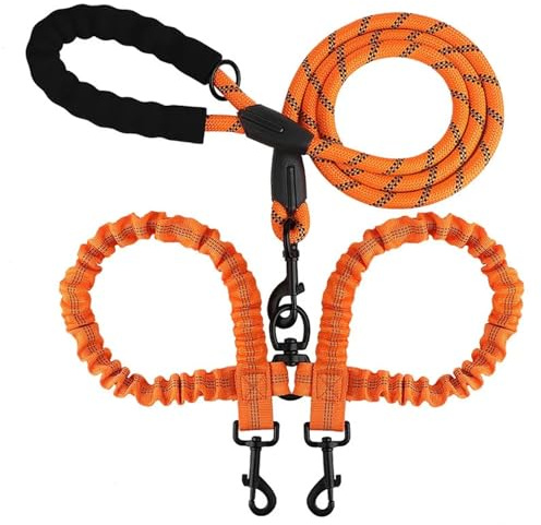 Dubbelkoppel för husdjur, hund, elastiskt rep, två huvuden, nylon, ett drag, husdjur, handhållande rep, anti-lindning, elastiskt hundkoppel (orange)