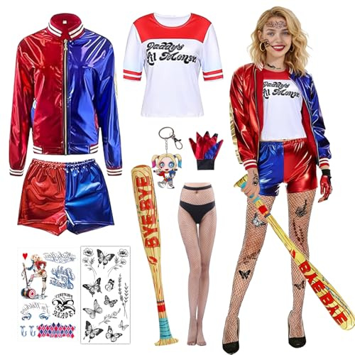 Quinn Costume Donna,Halloween Ragazze Clown Outfits con giacca,pantaloncini,maglietta,guanto,Portachiavi,mazza da baseball gonfiabile e tatuo,Cosplay Costumi per Halloween Carnevale (Adulto, XL)
