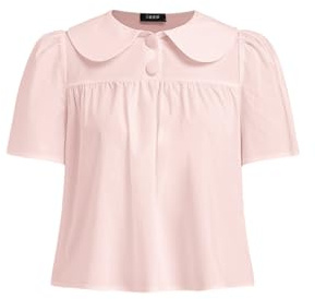 CIDER Peter Pan Collar Shirt Blouse for Women Going Out Tops Short Sleeve Shirt Solid Casual Summer Tops Pink