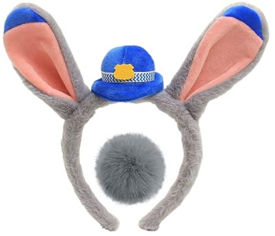 Gleemix Hasenohren Haarreif Grau Set, Polizei Hasen Kostüm Set | Hasen Ohren Haarreif und Hasenschwanz, Hasenkostüm Kinder, Hasenohren Headband für Karneval, Halloween, Fasching, Cosplay