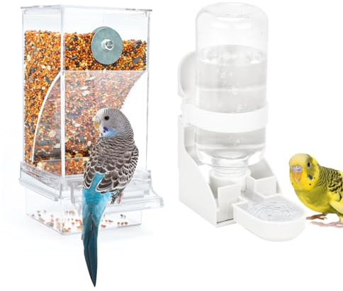 RANYPET Bird Feeder Water Dispenser Set, No-Mess Budgie Cage Feeder, White