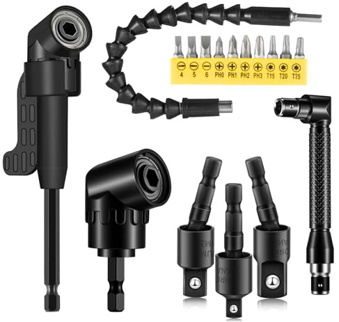 17Pcs Flexible Drill Bit Extension Set, Include Bendable 360° Shaft, 105° Right Angle Drill Attachment Long & Short, 3 Rotatable Socket Adapter, L-Shaped Wrench & 10 Screwdriver Bits for Tight Spaces
