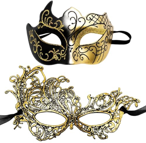 Wndgh 2-Piece Masquerade Ball Masks Set (Gold Horn and Lace Phoenix) | Masquerade Mask for Couples Costume Parties, Halloween and Venetian Carnival Events