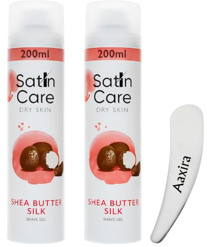 Satin Care Shave Gel Dry Skin Shea Butter Silk 200ML (Pack of 2)- Women’s Shaving Gel For Smooth Glide, Hydrating Razor Shave Gel, Soft & Gentle on Skin, with Aaxira Cosmetic Spetula
