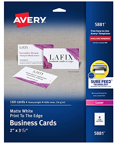 Avery Printable Business Cards with Sure Feed Technology, 2 x 3.5, White, 160 Blank Cards for Laser Printers (05881)