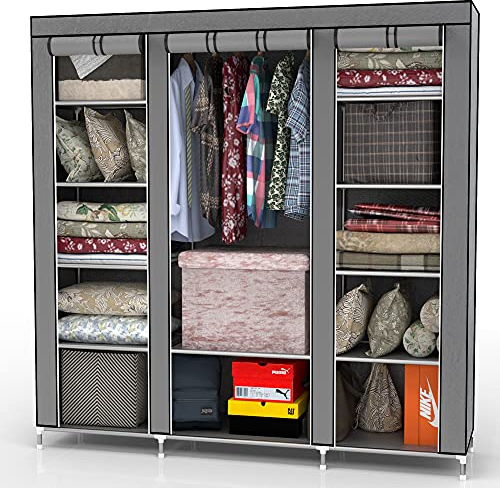 INTIRILIFE Faltschrank 150x175x45 cm in ASCH GRAU - mit Reißverschluss Stoffschrank Kleiderschrank mit Kleiderstange, Fächern und Seitentasche - Camping Steckschrank Textil Garderobe