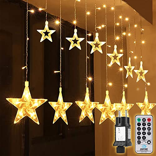 SALCAR 108er LED Lichtervorhang Sterne, 2x1M 12er Sternen Lichterkette Innen Außen Fenster, Weihnachtslichter Sternenvorhang mit 8 Modi, Fernbedienung und Memory-Funktion, Warmweiß