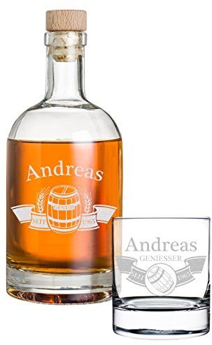 Coffret Cadeau 2 pièces Personnalisé avec Gravure - Bouteille de Whisky et Un Verre de Whisky - Carafe en Verre Contenu: 700ml - idée Cadeau pour Les Hommes - Le Baril de Motive à Banner