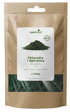 Carefood - Chlorella + Espirulina Orgánica en Polvo - Superfood 100% Bio y Apta para Veganos - Superalimento Ecológico que Contiene Gran Cantidad de Nutrientes y Brinda Efecto Saciante - 120 g