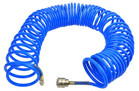 BSD Druckluft Spiralschlauch - PE Polyethylen Druckluftschlauch, Kompressrschlauch, Luftschlauch mit Schnellkupplung - 15m - innerer/äußerer Durchmesser: 5/8mm