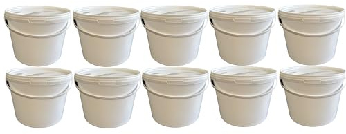 10 x 10 Liter Eimer mit Deckel, Weiß, stapelbar, lebensmittelecht, 10 Stück | Kunststoffeimer, Milch-/Vorratseimer, Honigeimer, Lebensmittelbehälter, Leereimer für Mehl, Wassereimer, Lebensmittelfreigabe