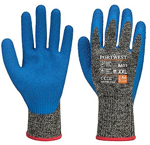Portwest A611 Aramid Latexhandschuh Strapazierfähig Schnittfest Bau | Schwarz/Blau, L, EN 388 Schnittstufe D, EN 407 (X2XXXX), EN ISO 21420 Fingerfertigkeit 5, Bau, Mechaniker
