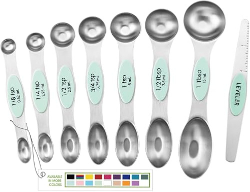 Spring Chef Stainless Steel 8 Magnetic Measuring Spoons for Kitchen, Mint | Dual Sided Metal Teaspoon & Tablespoon Measuring Spoons with Leveler for Dry & Liquid Ingredients, Nesting, Dishwasher Safe