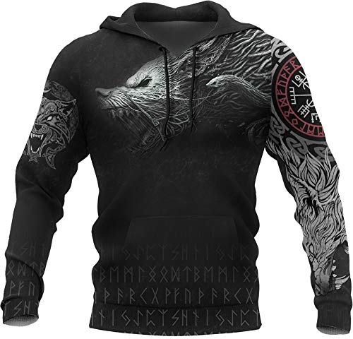Viking Thors Hammer Sweatshirt, Nordische Mythologie Wolf Streetwear Casual Hoody Hoodie, 3D Allover Bedrucktes Unisex Langarm Pullover Sweatshirt,Wolf,L