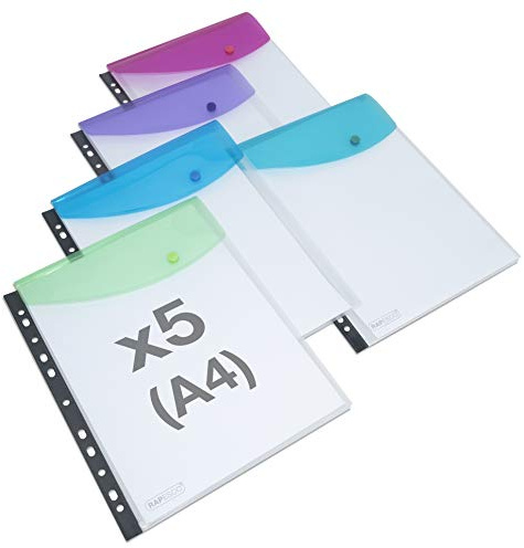 Rapesco 1630 ECO Fundas Perforadoras Multitaladrado de Gran Capacidad, Material Reciclado, A4, Transparentes con Solapas de Colores Surtidos, Paquete de 5