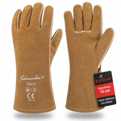 Schumacher Electric Gants de Soudure, Barbecue Cuir Bovin Taille 10 | Anti Chaleur Haute Résistance, Manchette 15 cm, MIG, ARC, Barbecue