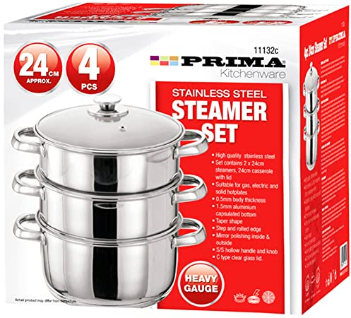 24 CM Prima Steamer Set | 4 Pcs Stainless Steel | Glass Lid | 3 Tier Pot | CAPSULATED Bottom | Home Cook | Chef | Healthy | Vegetable | Chicken | Meat | Fish | Salmon | UK Free P&P